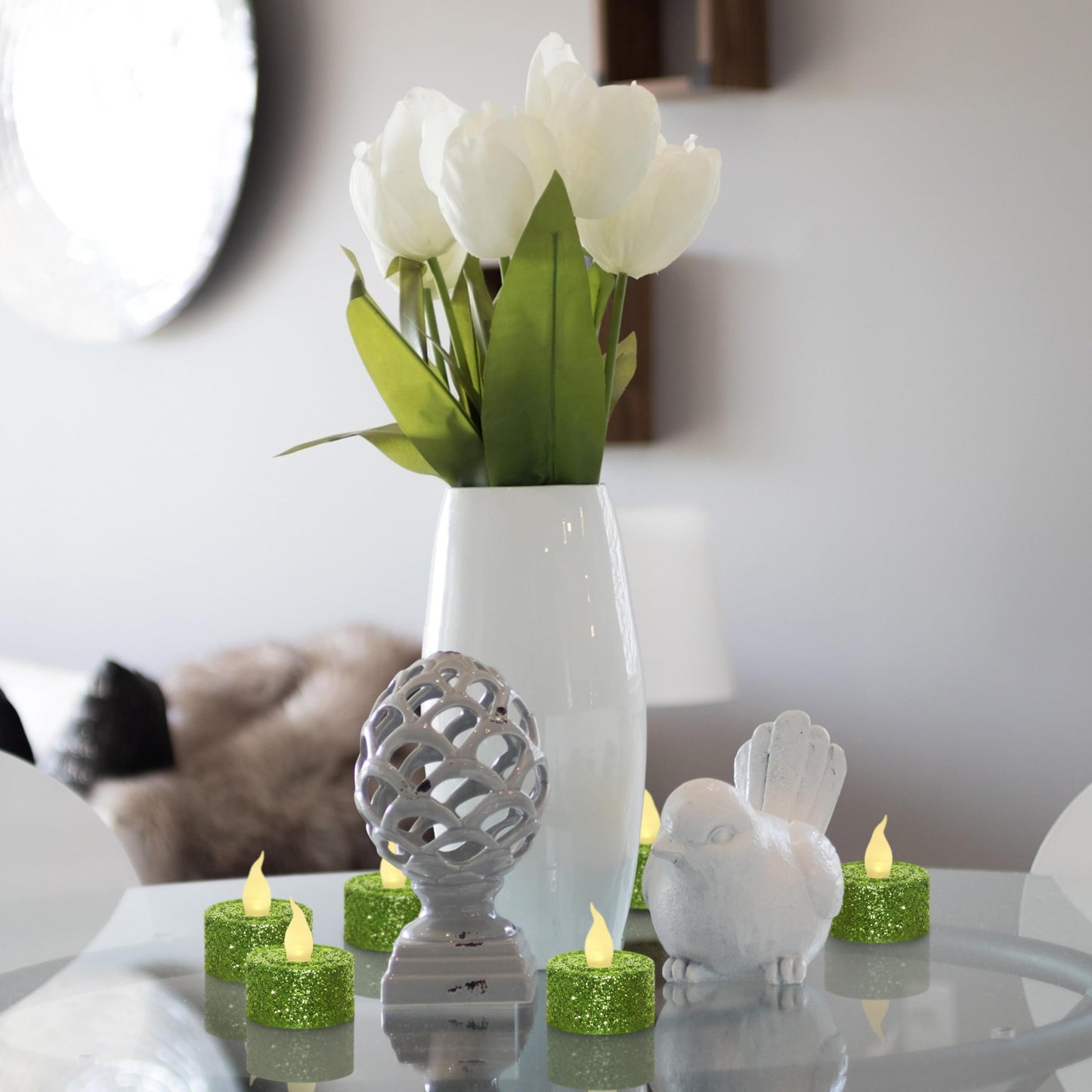 FURORA LIGHTING Green Glitter Flameless Tealights - 1.45" W x 1.57" H, 12-Pack, Batteries Included
