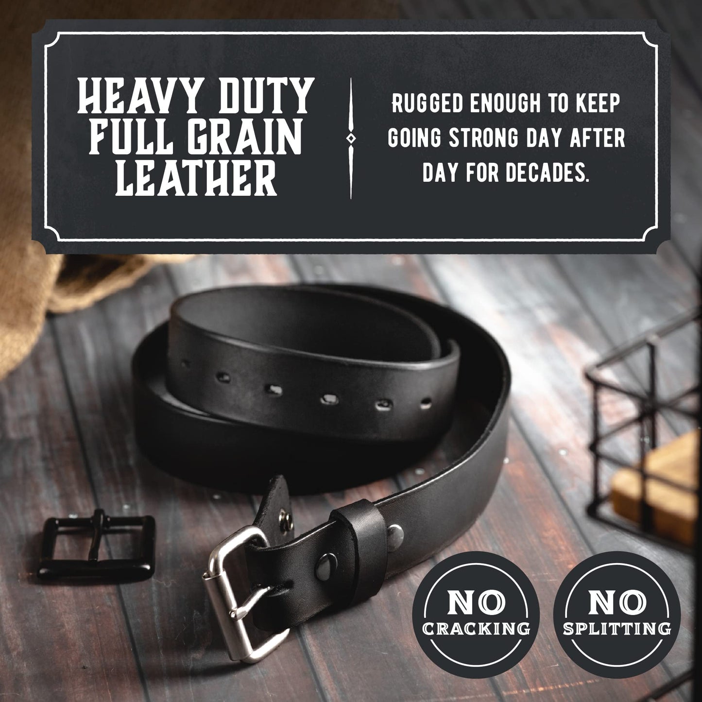 No Buckle Belt | Made in USA Mens Cowboy Belt | 1 1/2" Leather Belt Strap with Snaps | Classic Black 34