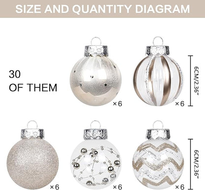 SY Super Bang 30PCS Champagne Christmas Ornaments Set, 60MM/2.36" Clear Plastic Shatterproof Ball Ornaments for Christmas Tree Hanging Decorations, for Home Holiday Party Xmas Decor.