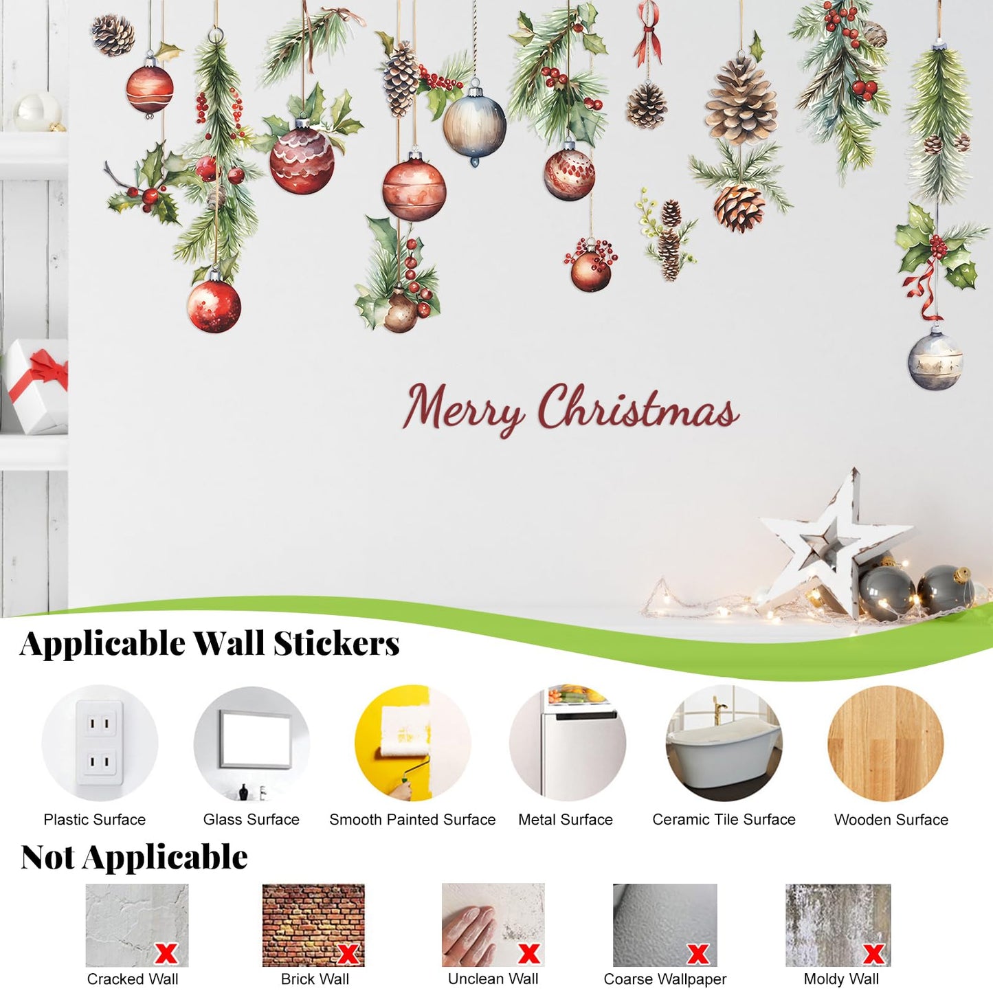 MeyRolizn Merry Christmas Light Ball Pinecone Wall Decals, Peel and Stick Christmas Window Clings, Decorations Wall Stickers for Room Kitchen Bathroom Party Holiday Decoration (Red)