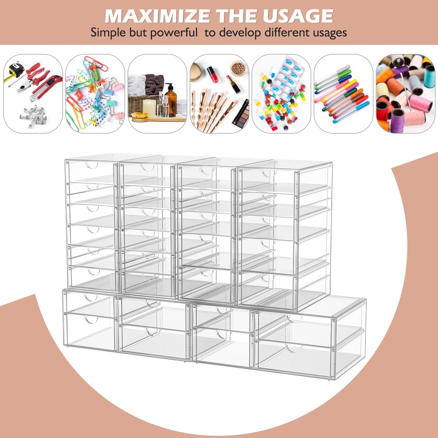 caktraie Makeup Organizer Storage With 30 Drawers, 6 Pcs Desktop Office Supplies, Desk Organizers, Clear Accessories, Dustproof Drawer and for Make Up, Jewelry, Pen, Stationary