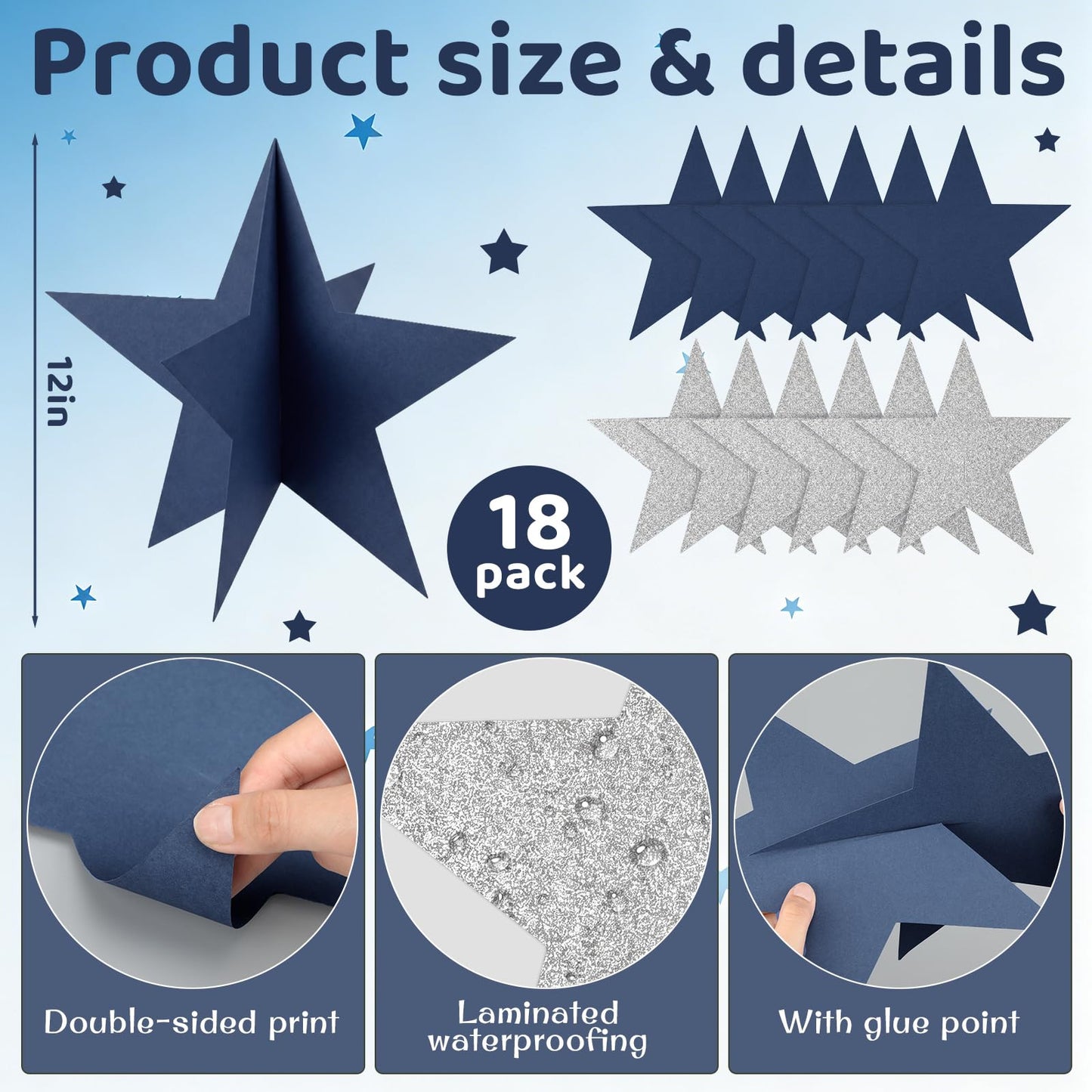 Sinload 18 Pcs Large 3D Glitter Star Decorations Back to School Work Navy Blue Silver Star Centerpiece Standing Hanging Decor for School Centerpiece Starry Movie Night Themed Party Decor