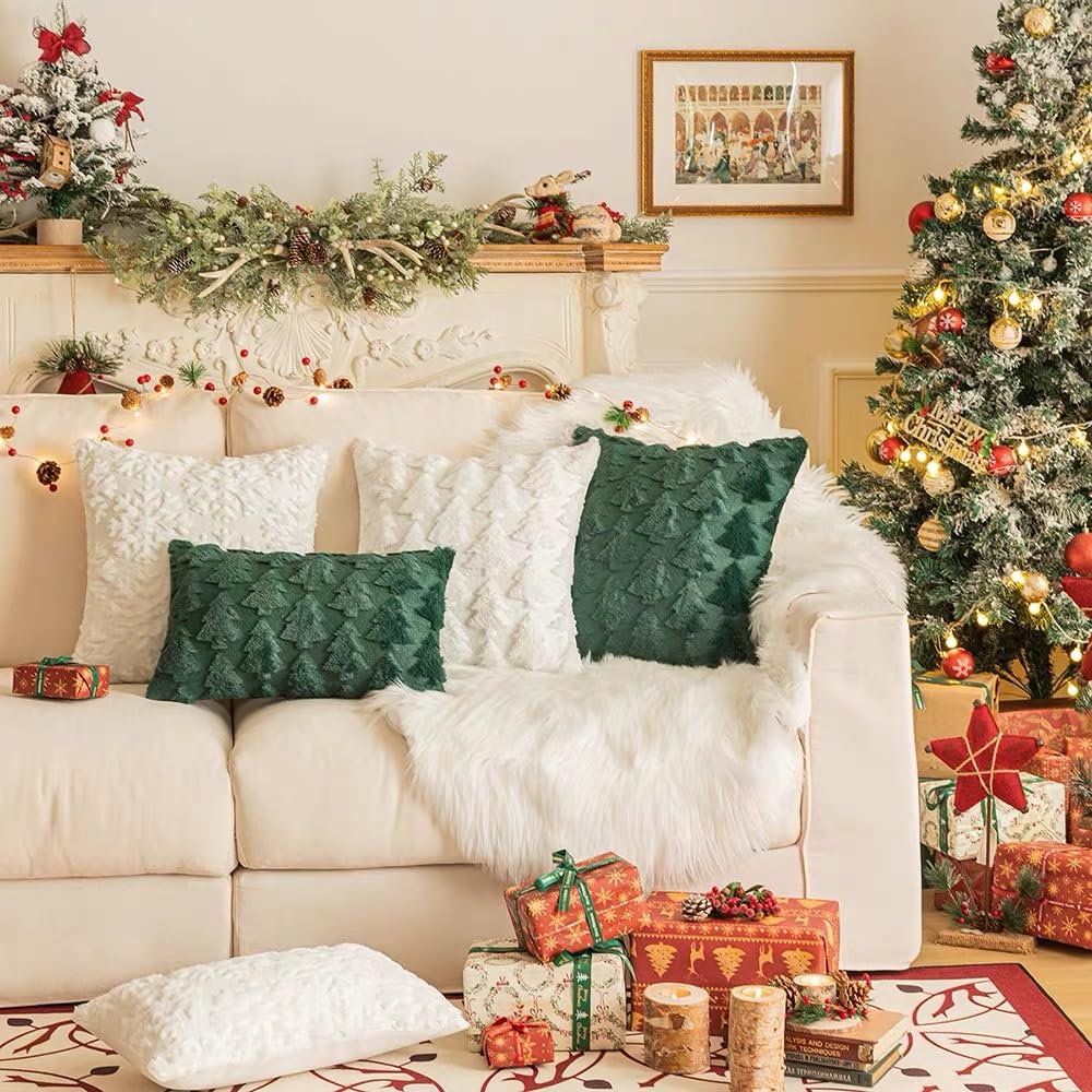 TBAVNOSY Christmas Tree Pillow Covers Set of 2 18x18 inches, 3D Xmas Tree Shaped Faux Fur Throw Pillow Covers for Couch, Sofa, Living Room Winter Holiday Decor, Farmhouse (Dark Green)