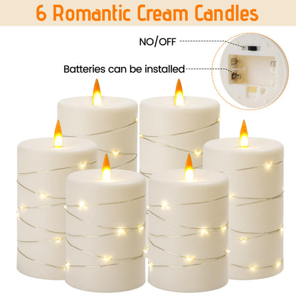 Upinmz 6 Pack Flickering Flameless Candles with String Lights,Unbreakable Acrylic Battery Operated Candle with Remote Control and Timer - Ivory White