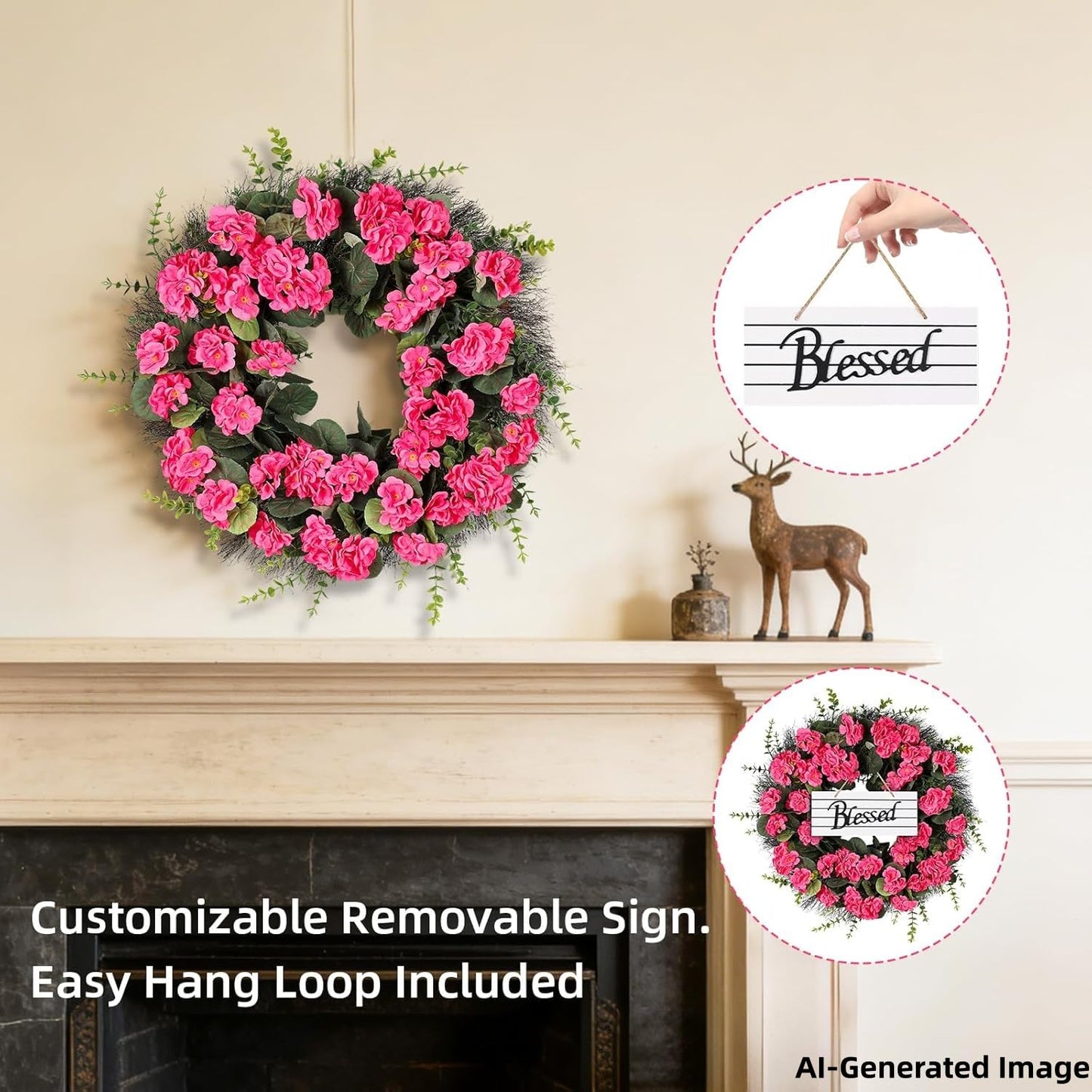 KuiMen Rose Red Artificial Geranium Wreath, 22 Inch Spring Summer Wreaths for Front Door with Blessed Hanging Sign, for Rustic Farmhouse Entryway Porch Balcony Decor