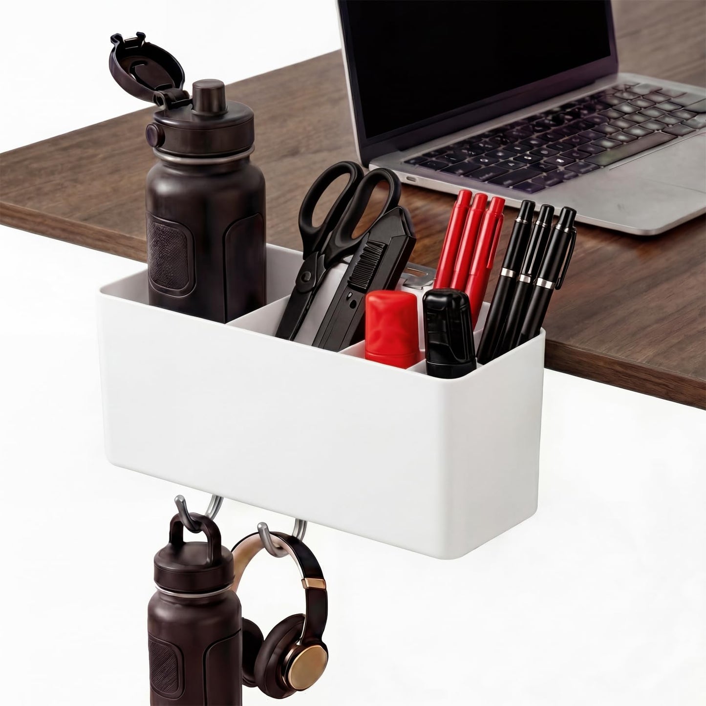 LIPCHEEGO Desk Side Storage, Side Desk Organizer, No Drill Hanging Desk Organizer with 4 Large Pockets, Table Hanging Storage for Office & Home, Fits Flat Table Edge 1.26" (White)