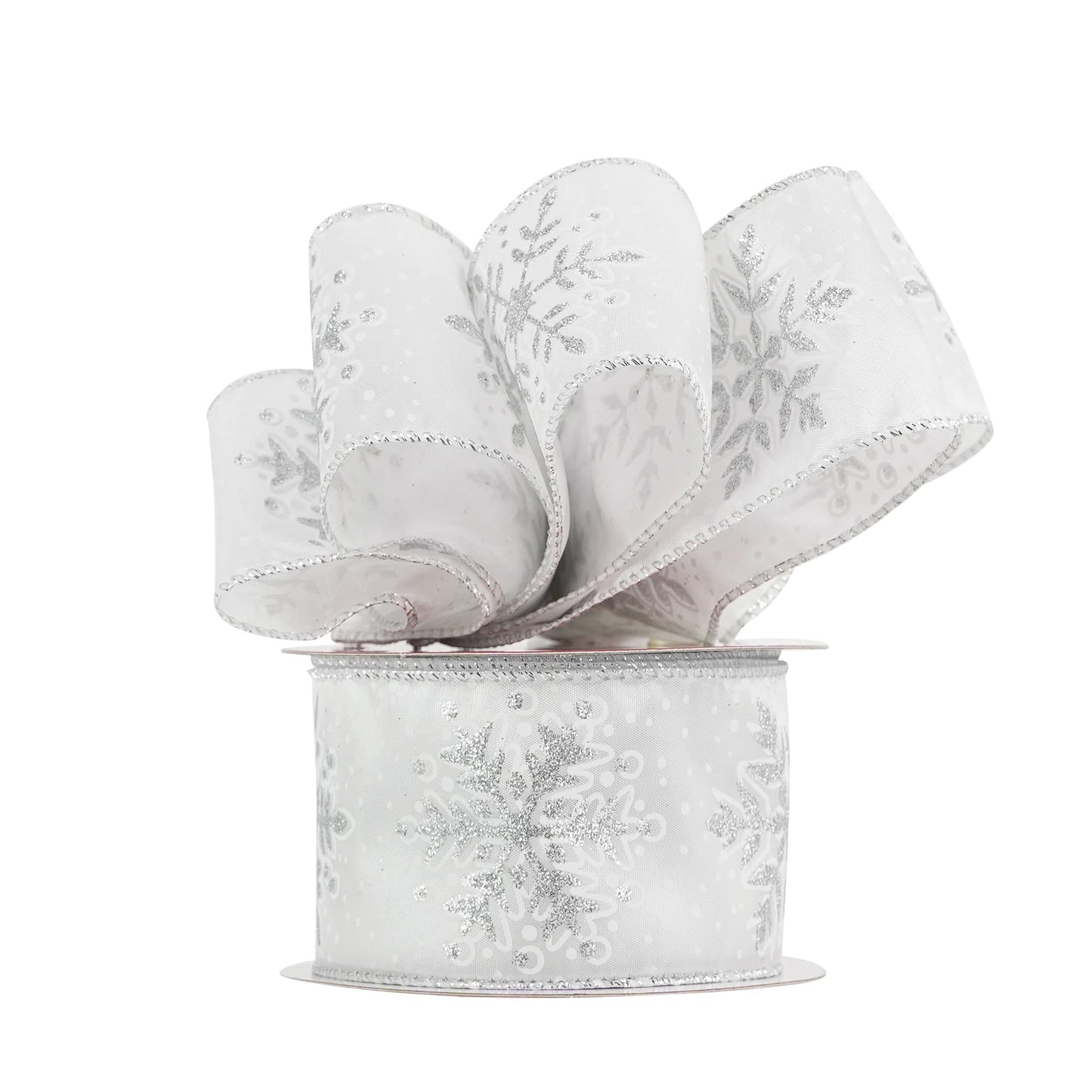 MEEDEE Silver Snowflake Wired Ribbon White Ribbons with Glitter Snowflake 2.5 Inch White and Silver Ribbon for Christmas Tree, Winter Decor, Garlands, Wreaths, Gift Wrapping (10 Yards)