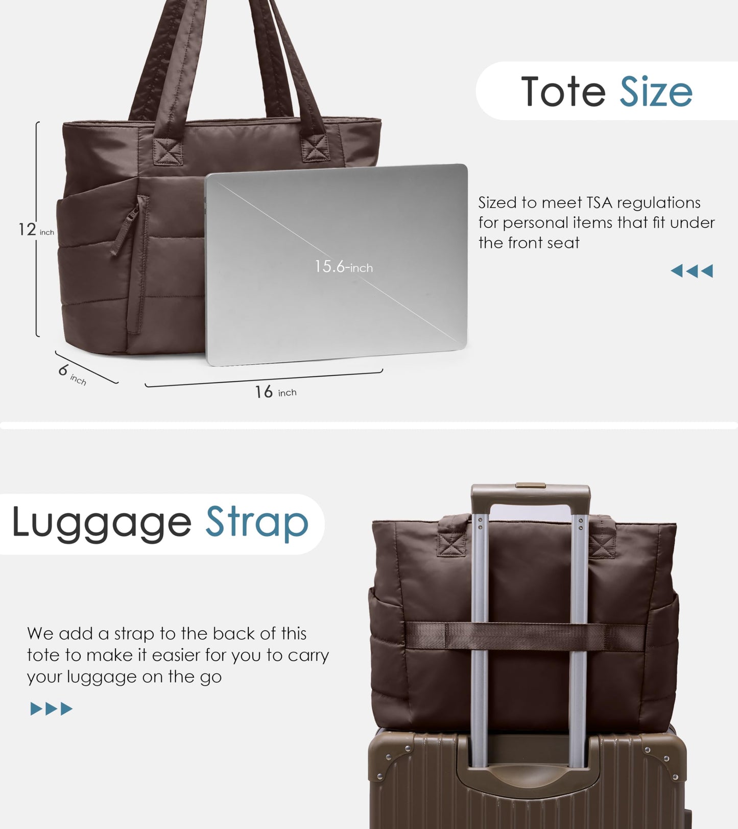 Tote Bag for Women with Zipper, Quilted Puffer Tote Bag with Compartments, Lightweight Puffy Work Bags for Women Travel (Dark Brown)