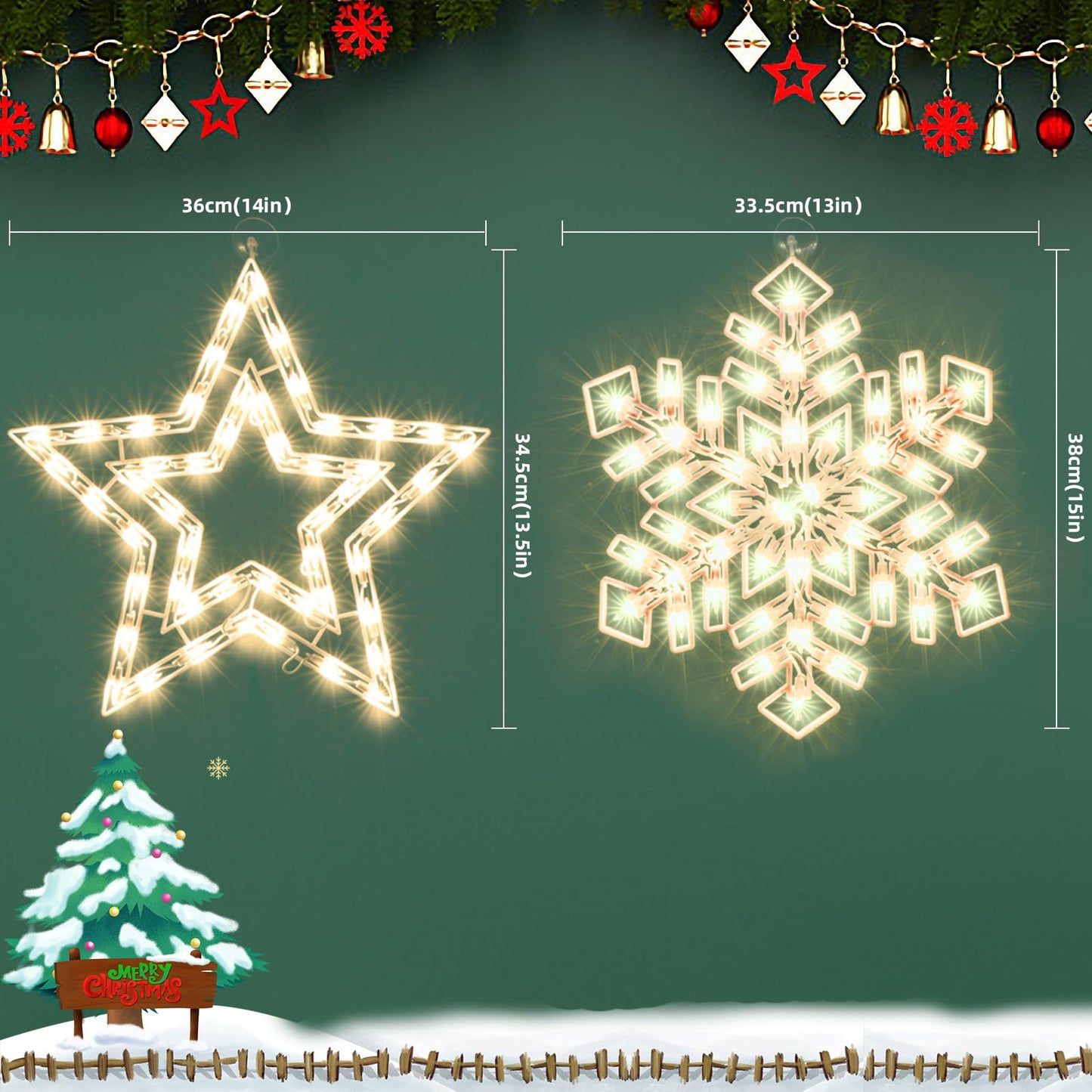 Xmasnova 2 Pack Christmas Window Lighted Decorations,Christmas Window Silhouette Lights,Double Side Sign Lamp Decoration for Holiday Indoor Wall Door Glass Decorations,Star，Snowflake
