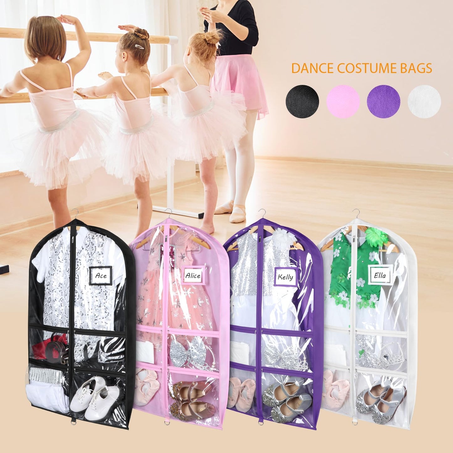 Syeeiex 3" Gusseted Dance Costume Garment Bag(5 Pack), 40'' Dance Garment Bags for Dancers with 4 Zipper Pockets & Can Hold 1-3 Dance Costumes - Suitable for Dance Competitions, Ballet(White)