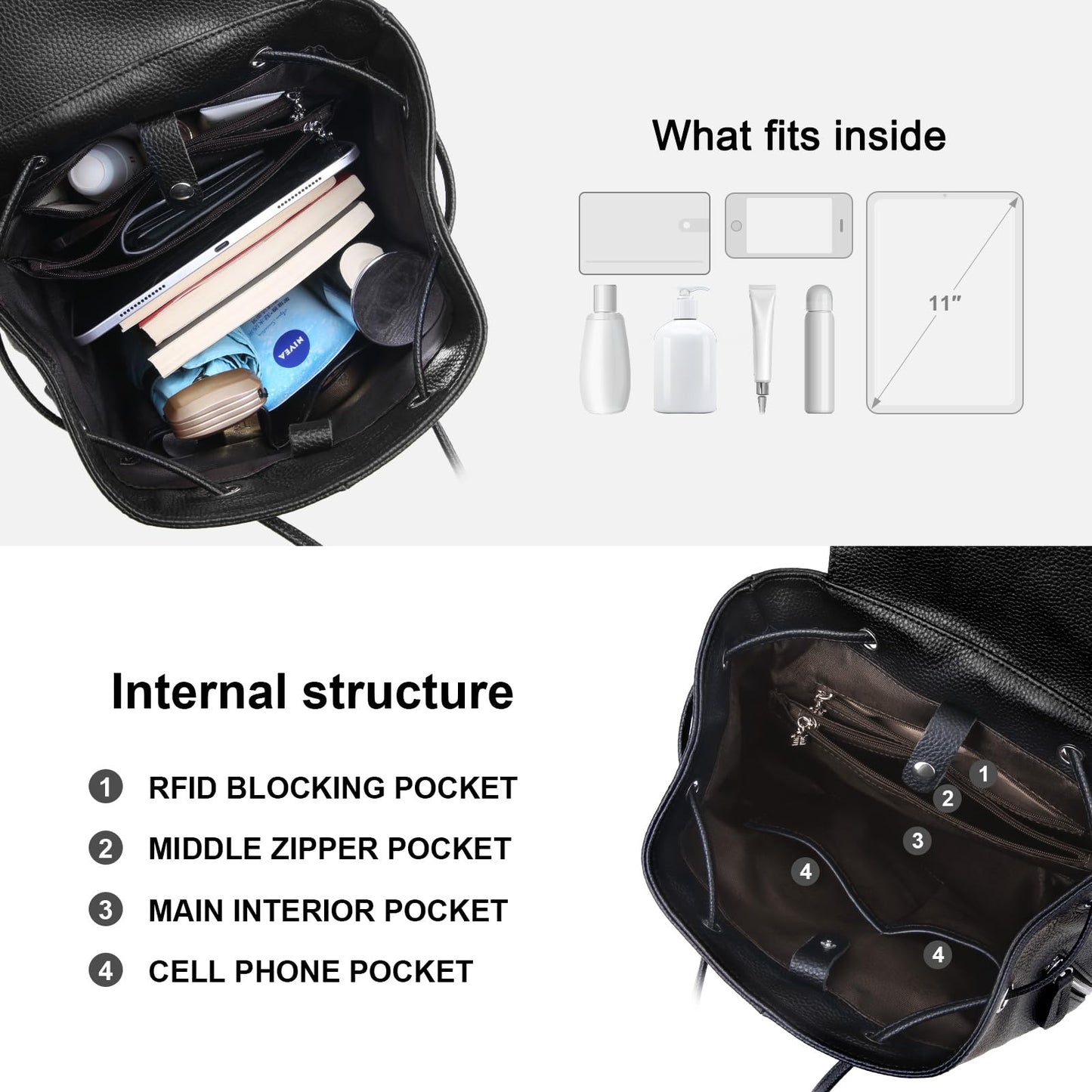 BOYATU Women’s Full-Grain Leather Backpack Purse, Minimal Structured Design, Work Commuter & City Travel, Compact Everyday Essentials, Fashion RFID Pocket Bag (Black)