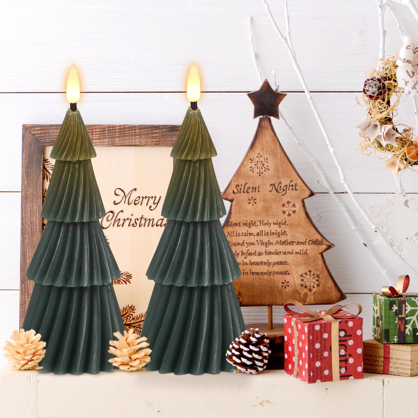 Eldnacele Stripe Christmas Tree Flameless Candle with 6 Hour Timer, Battery Operated(Included) 3D Wick Flickering Real Wax Green LED Candles Xmas Eve Dinner Holiday Decor (2Pcs,3"×7.1")