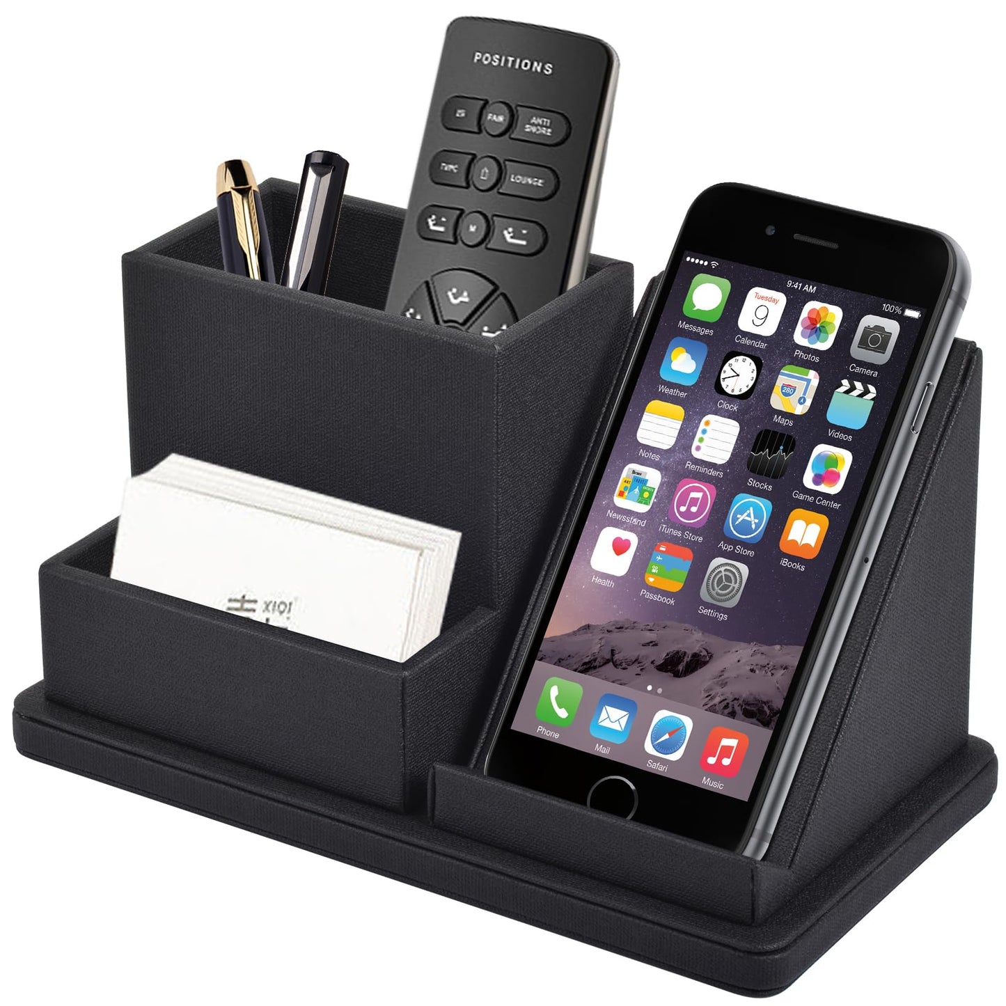 XNONE Pu Leather Desk Pen/Pencil Organizer Multi-Function Cell Phone/Remote Control Storage Box with 3 Compartments Office Supplies Sticky Note Tray Business Cards Holder,Black