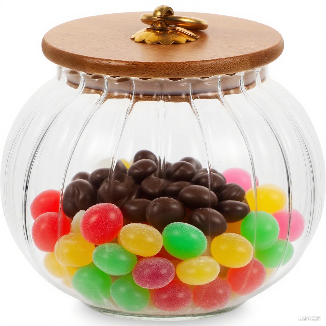 STOBAZA Xmas Glass Candy Jar with Lid 28Oz Pumpkin Shaped Food Storage Canister with Wood Lid, Glass Pumpkin Jar, Decorative Kitchen Storage for Christmas, Halloween