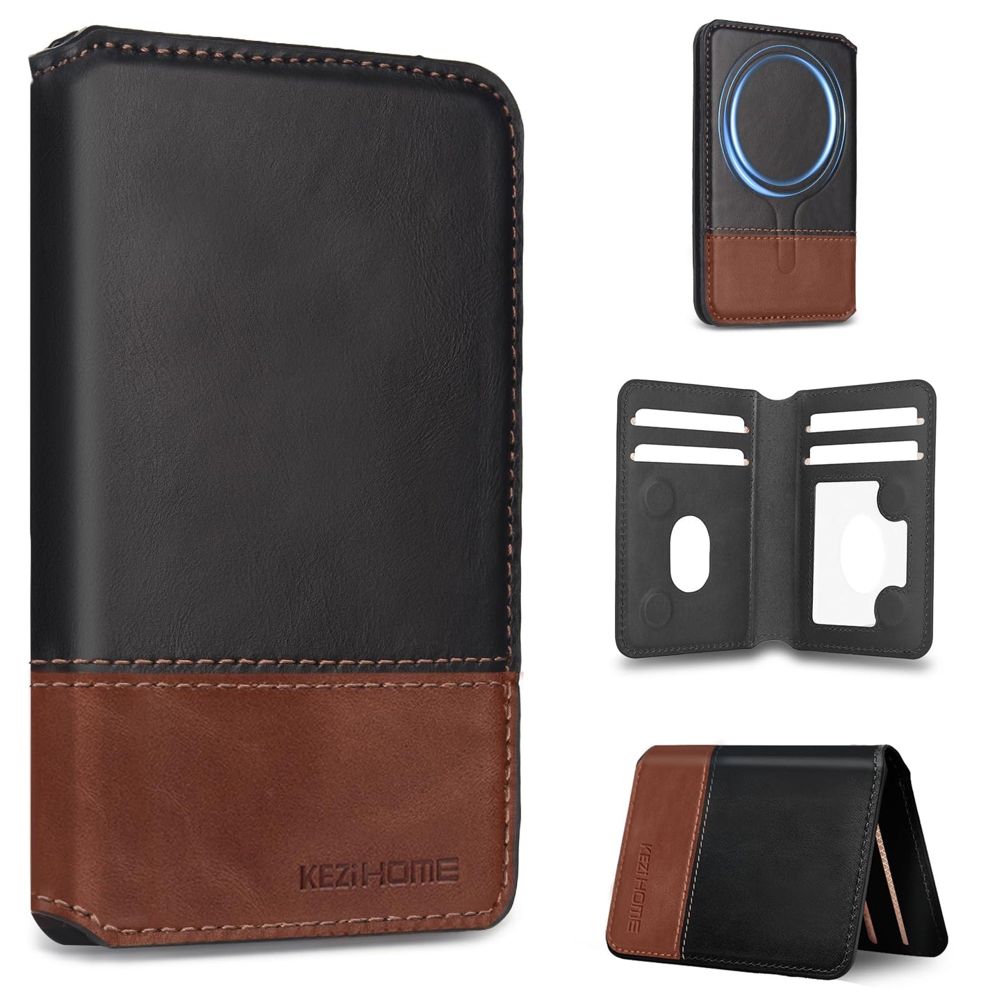 KEZiHOME for MagSafe Wallet with Stand, Genuine Leather 6 Card Holders[RFID Blocking] Minimalist Magnetic Wallet for iPhone 17/16/15/14/13/12 Series with MagSafe Phone Case (Black/Brown)