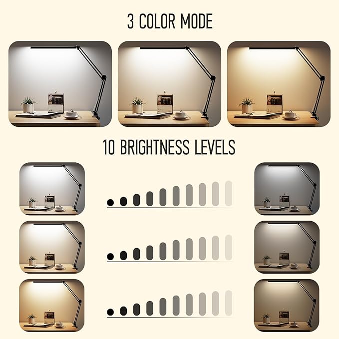 LED Desk Lamp, Manicure Table Lamp, Eye-Caring Drafting Light, Dimmable Office Table Lamp with 3 Color Modes, 10 Brightness Levels & Adapter, Memory Function(Black)