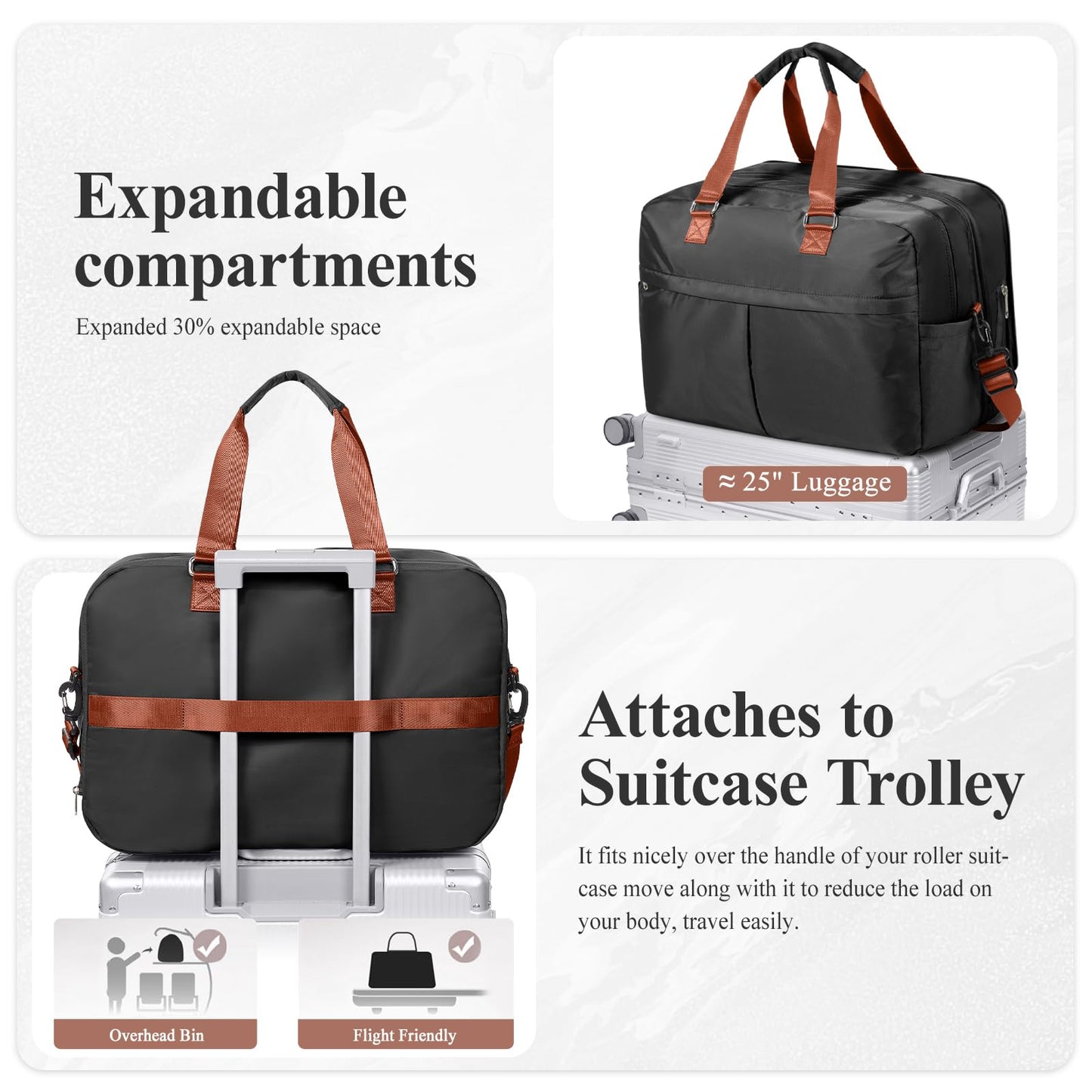 Expandable Personal Item Travel Duffle Bag Weekender Bag for Women Men, Overnight Hospital Carry On Bag with Toiletry Bag for Airplanes Travel Business Trips Sport,Black & Brown