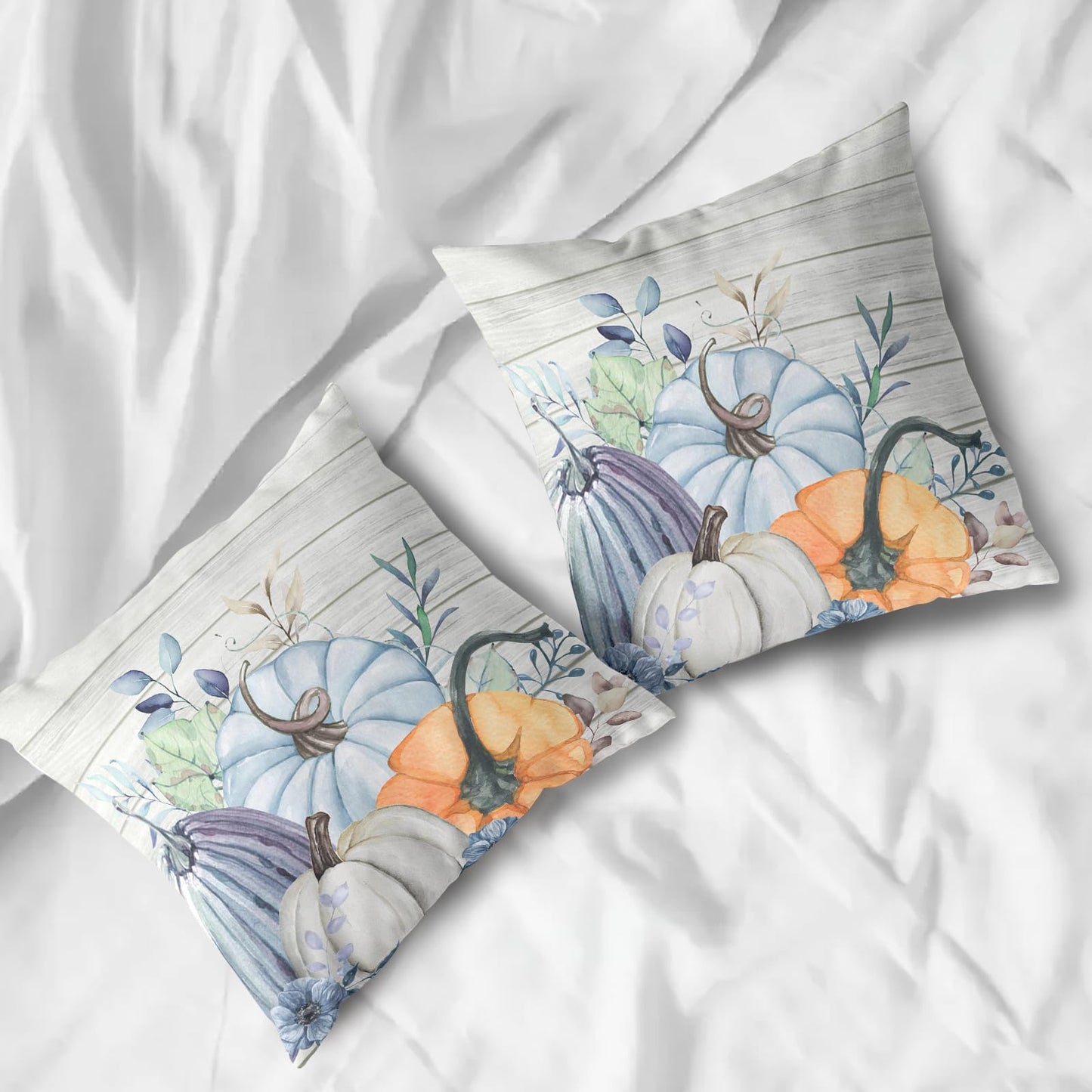 Wnoesat Fall Blue Teal Throw Pillow Covers 16x16 Pumpkin Leaves Print Pillow Cases Set of 2 Thanksgiving Decorations Autumn Harvest Holiday Cushion Cover for Farmhouse Living Room Decor