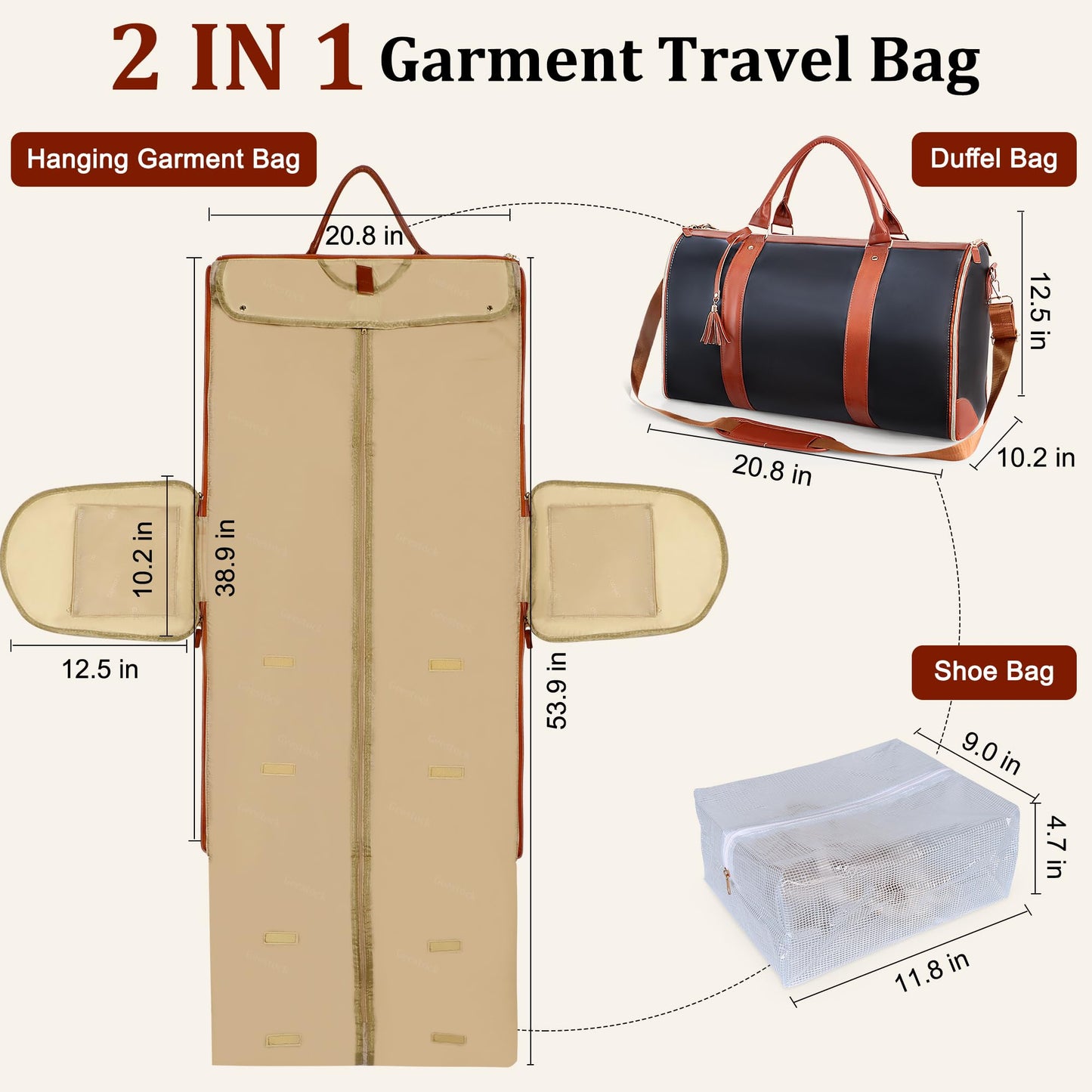 Convertible Garment Duffle Bag for Travel, Carry On Garment Bag with Shoe Pouch, PU Leather, 2 in 1 Hanging Suit Travel Bags Large Weekender Overnight Bags for Women Men (Black)