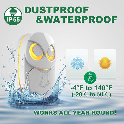Wireless Doorbell, Cute Owl Doorbell Weatherproof IP55 Outdoor Remote Push Button- 1000 Feet Long Wireless Range, 1 Receiver + 1 Transmitter, Black