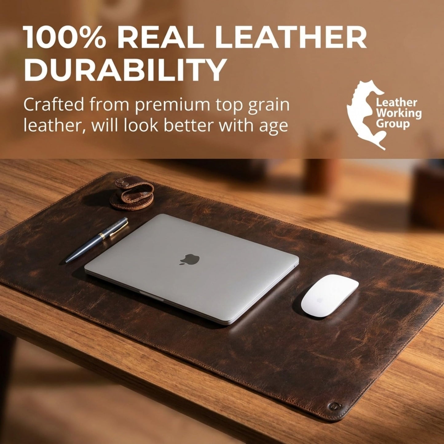 moonster 100% Full Grain Buffalo Leather Desk Pad with Ballpoint Pen & Pen Holder – 31 x 16 in Office Desk Mat, Large Mouse Pad, Non-Slip Desk Blotter, Laptop Table Protector, Desk Cover for Work