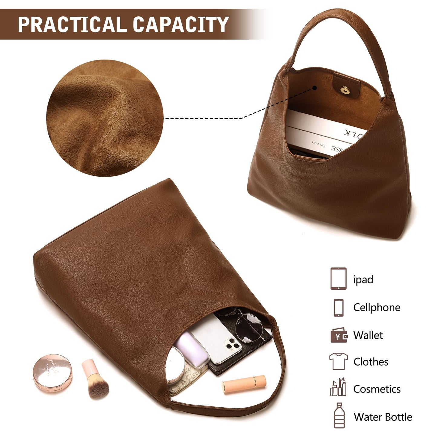Pelimoo Hobo Bags for Women, Soft Vegan Leather Shoulder Handbags, Slouchy Tote Purses for Work, Travel, School (Coffee)