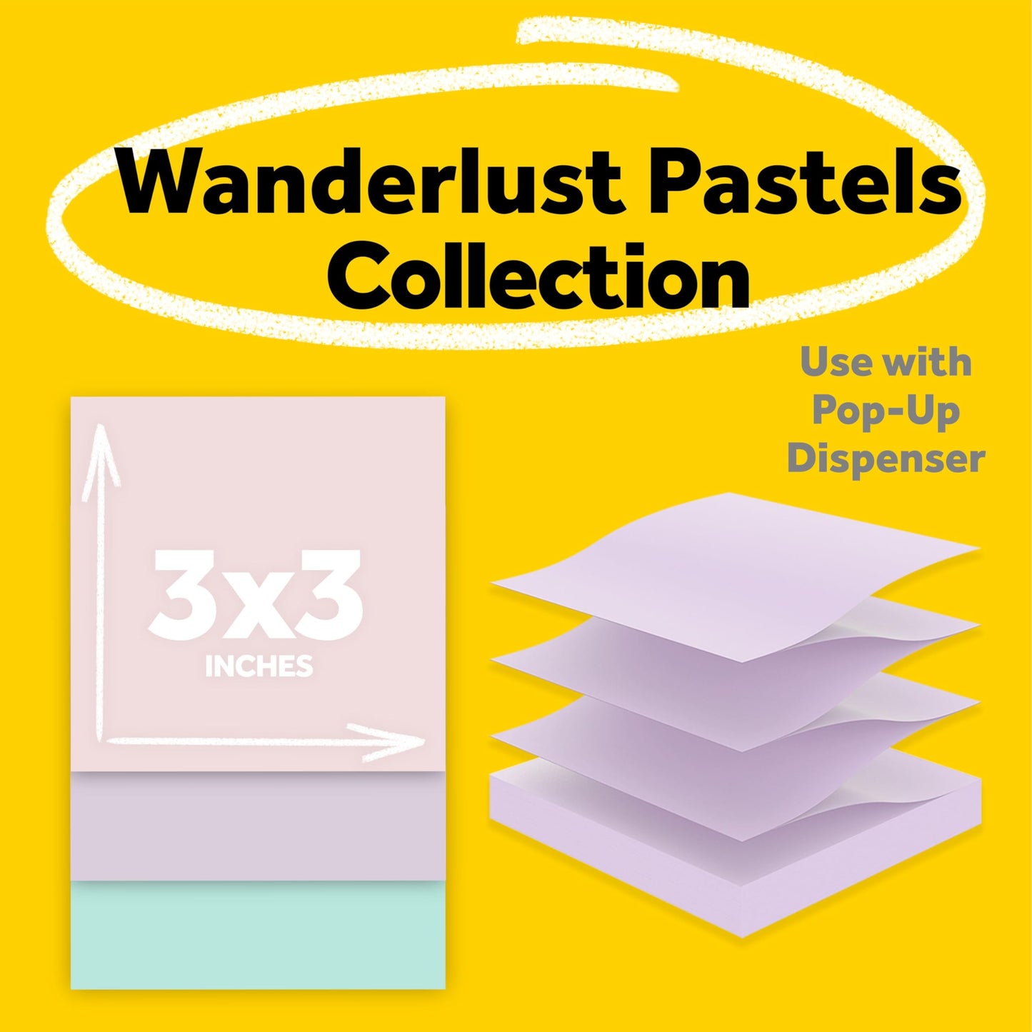 Post-it 100% Recycled Paper Super Sticky Notes, 3 x 3 in., 18 Sticky Note Pads, School Supplies and Office Products, Sticky Notes for Vertical Surfaces, Wanderlust Pastels Collection