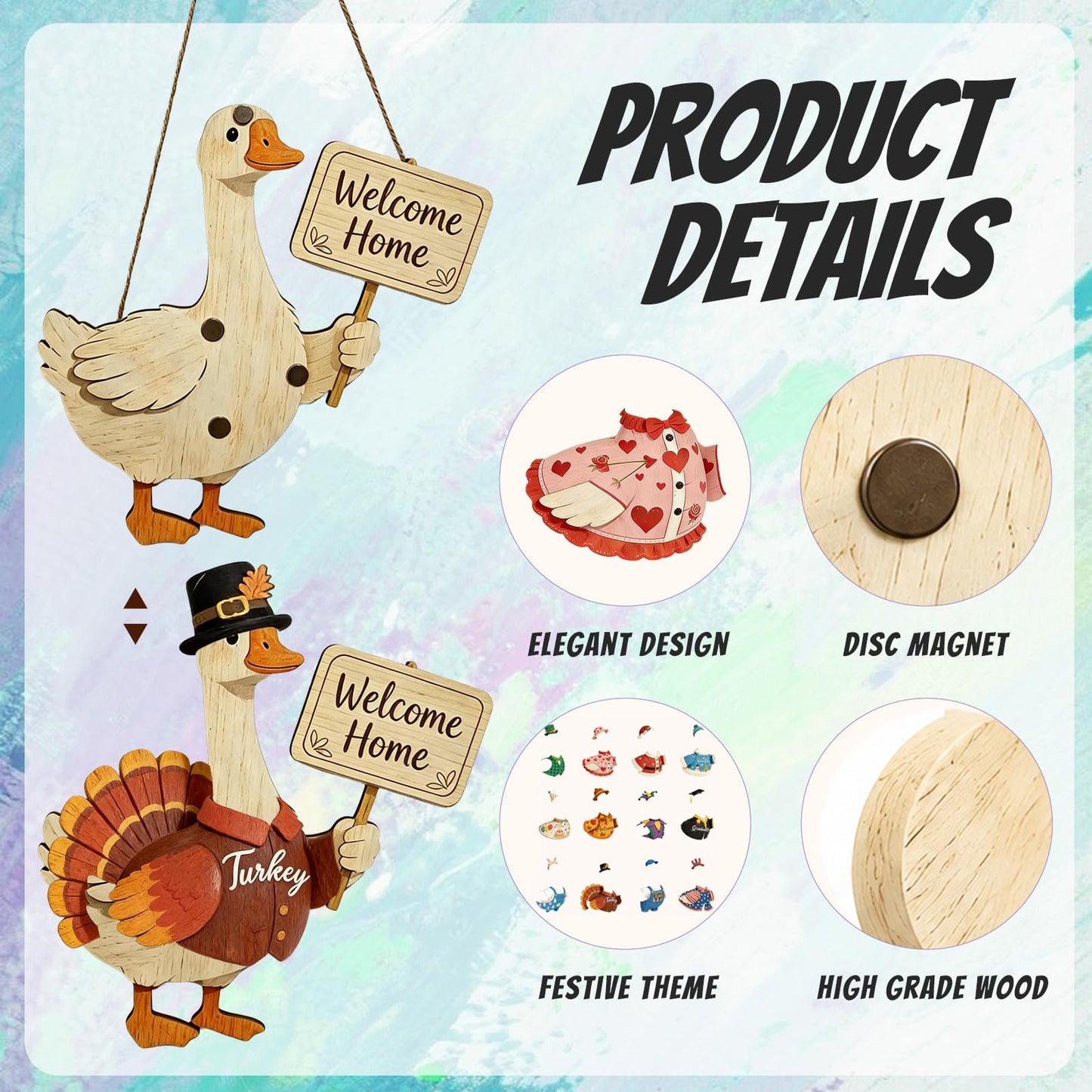 16PCS Interchangeable Wooden Goose Decor, 11.8 Inch Holiday Seasonal Welcome Changeable Clothes with Magnetic Geese Signs Rustic Farmhouse Hanging Decorations for Porch Home Outdoor Holiday Vacation