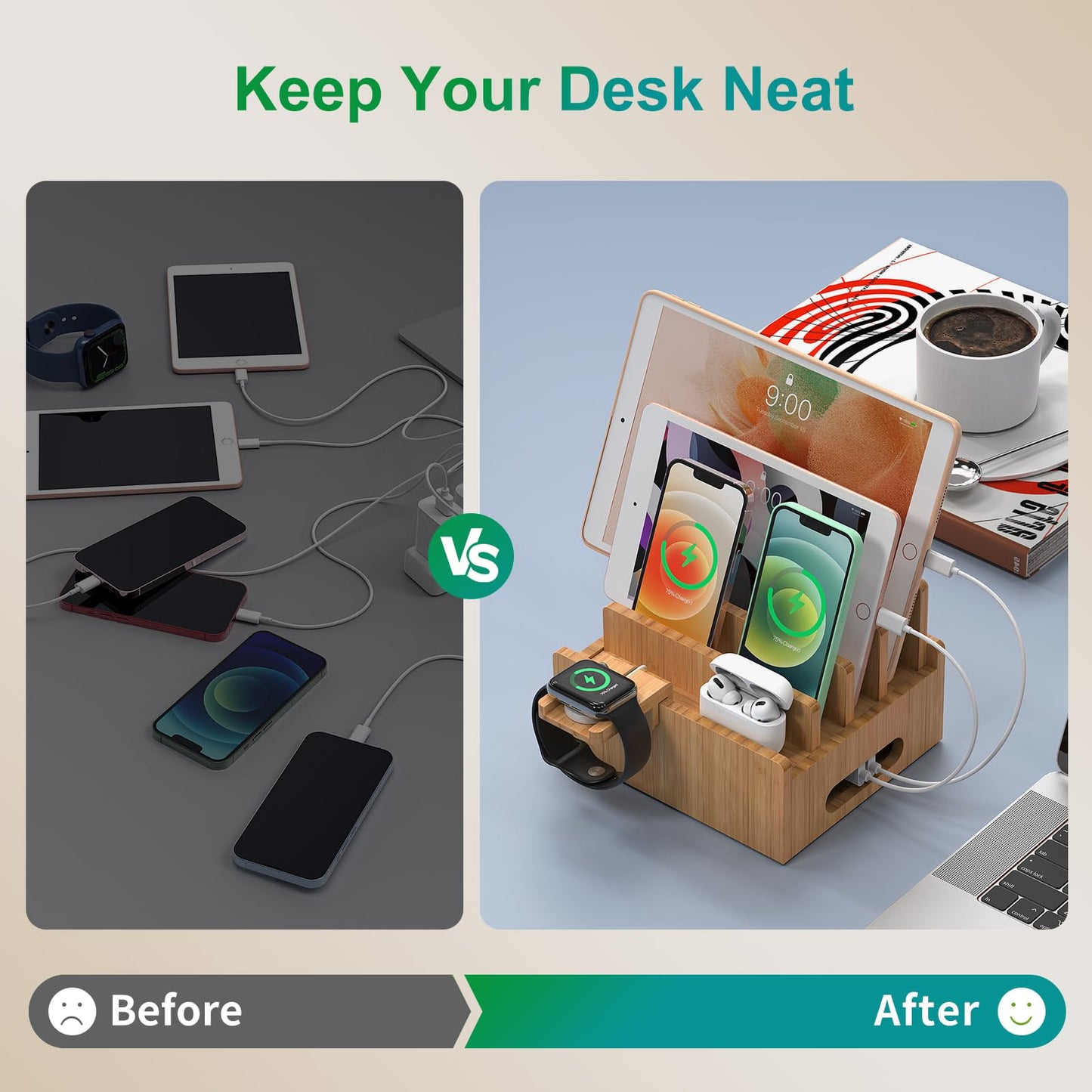 Pezin & Hulin Bamboo Charging Station for Multiple Devices with 5 Port USB Charger, 5 Cables, Smart Watch & Earbuds Stand, Desk Docking Stations Electronic Organizer for Cell Phone, Tablet