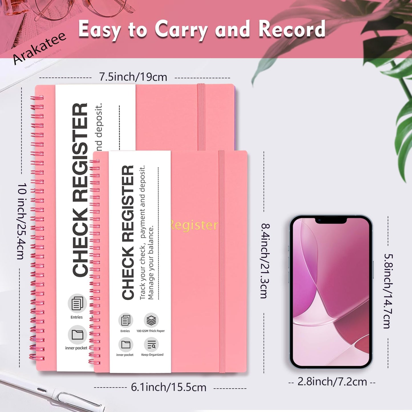 Check Registers for Personal Checkbook, Spiral Large Check Register Book, Budget Planner with Check Register for Personal and Work, 7.5'' x 10'' - Pink