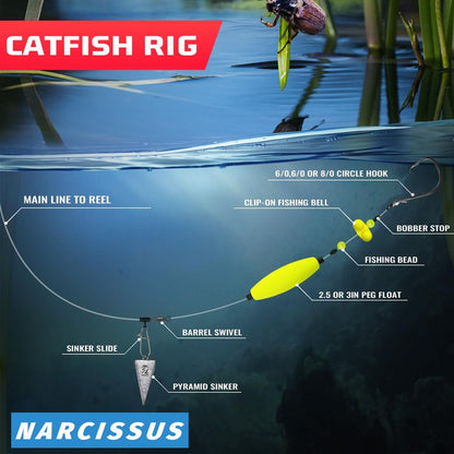 Narcissus Catfish Rigs Set – 6 Pre-Tied Rigs with 2 Sinker Sliders & 2oz Pyramid Sinker, Float Rigs Tackle, Santee Rig, Circle Hooks 6/0 – Complete & Ready-to-Use Kit (Hook Size 6/0-6pcs)