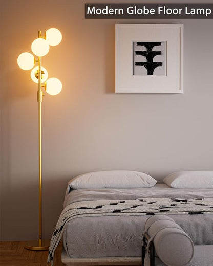Lightdot Dimmable Globe Floor Lamp Mid Century Modern Floor Lamp with 5Pcs 3000K G9 Bulbs Stepless Brightness Adjustable Gold Standing Lamps with Stable Base for Living Room Bedroom Office