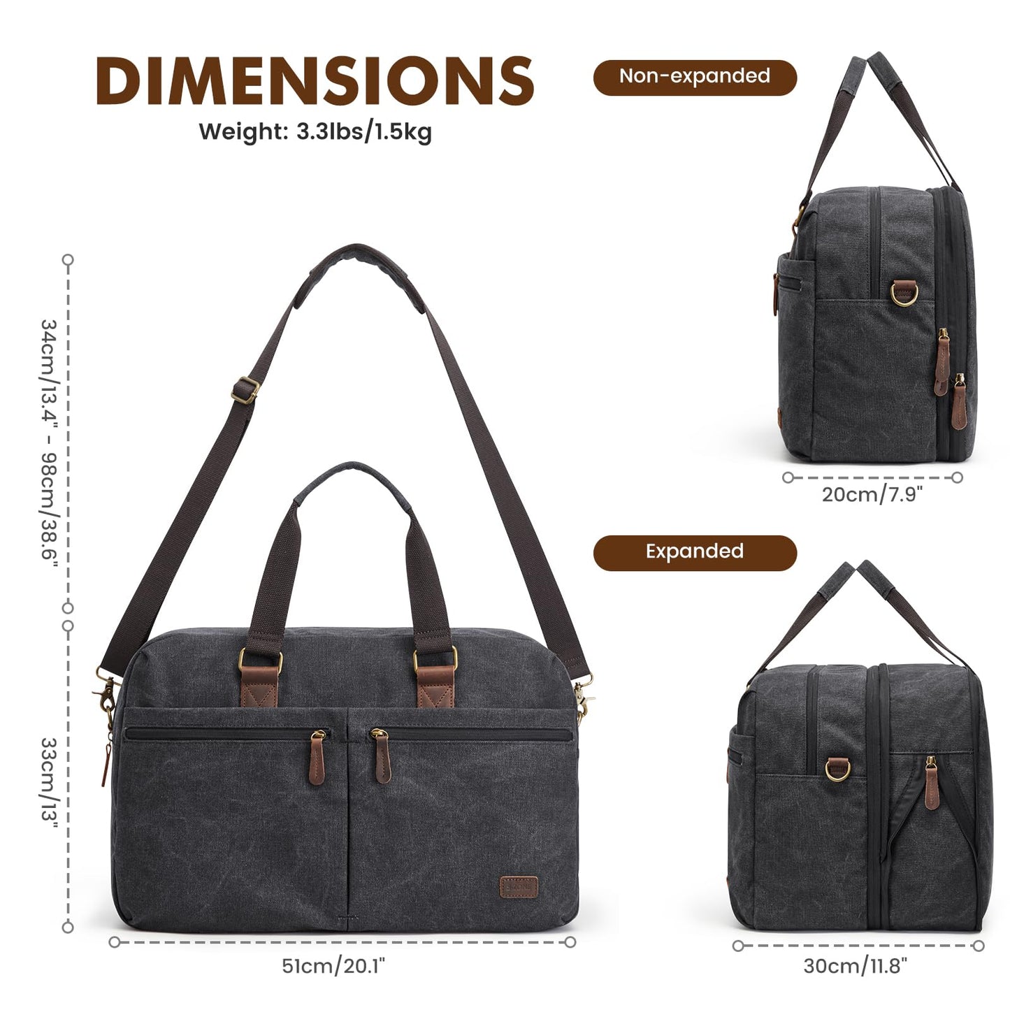 S-ZONE Expandable Duffle Bag for Travel 33L 50L Canvas Weekender Overnight Bags Men Women
