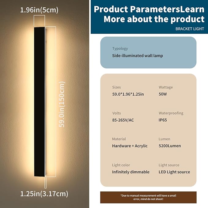 Outdoor Long Wall Light, 59inch LED Wall Mounted Sconces, 3000K-6000K Dimmable, Modern Lighting Fixture IP65 Waterproof Exterior Wall Light for Courtyard, Hallway, Garage with Remote Control