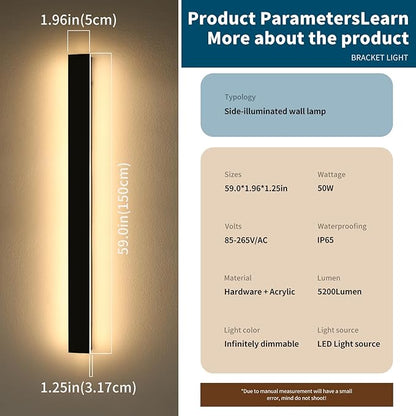 Outdoor Long Wall Light, 59inch LED Wall Mounted Sconces, 3000K-6000K Dimmable, Modern Lighting Fixture IP65 Waterproof Exterior Wall Light for Courtyard, Hallway, Garage with Remote Control