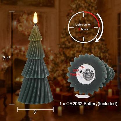 Christmas Tree Spiral Skirt-Shaped Flameless Candles with 6H Timer, 2 Pcs Battery Operated LED Pillar Candle with Flickering 3D Wick, Green Candles for Home Décor