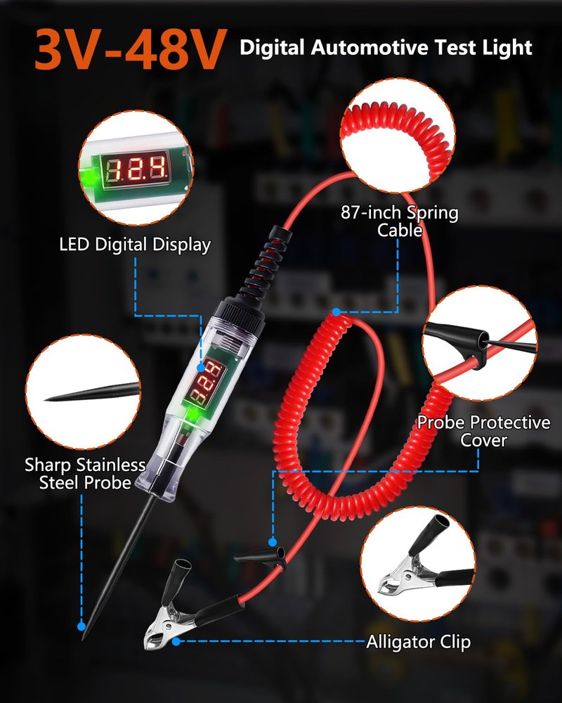 Automotive Test Light 3-48V Digital LED Voltage Tester, Car Circuit Tester with Polarity Indicator, 87" Spring Cable & Stainless Steel Probe for Car RV Truck Fuse Battery Detection