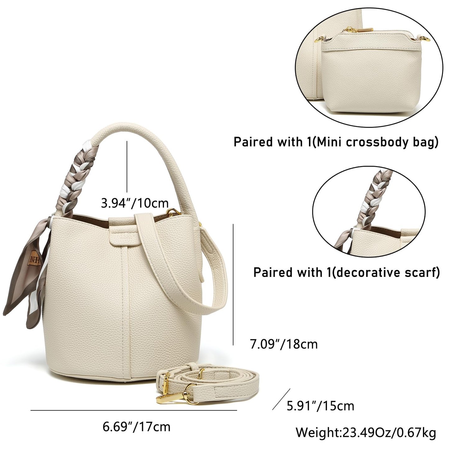 RTPRTP Small Crossbody Bags for Women, Vegan Leather Mini Bucket Handbag with Scarf, Removable Shoulder Strap Purse (white)