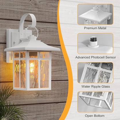 2 Pack Outdoor Dusk to Dawn Wall Lights, Outdoor Light Fixtures Wall Mount with Ripple Glass, Modern White Porch Lights, Aluminum Outoor Sconce Light for Entryway, Garage, Patio