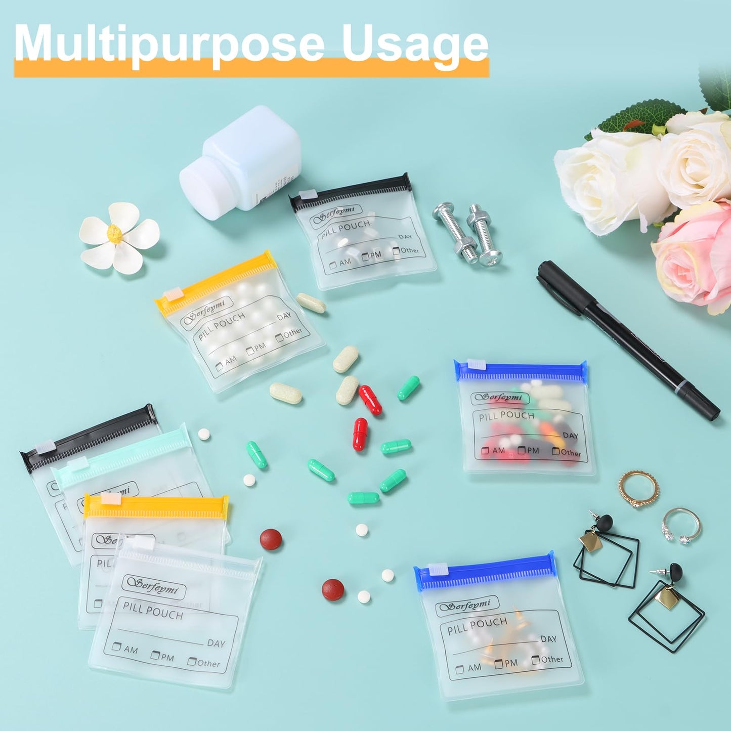 Serfeymi 32 Pcs Zippered Pill Pouches Organizer Plastic Bags 3 X 3 Inches 12 mil Self Sealing with Slide Lock Writable Label Translucent Travel Medicine Storage Bag Case and 1 Pc Marker-Blue