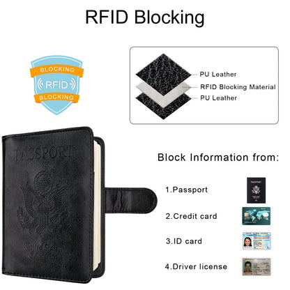 WALNEW Passport Holder for Travel, RFID Passport Cover Wallet for Women Men, PU Leather Passport Book Card Holder Case with Pen, Travelling Essentials for Flying
