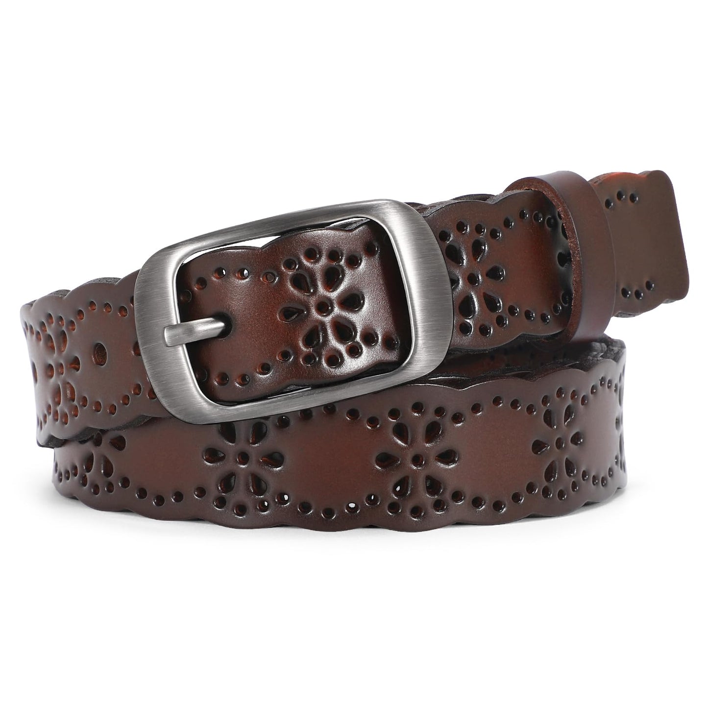 JASGOOD Women Hollow Flower Leather Belt for Jeans Pants Soft Leather Belt with Solid Pin Buckle(Coffee, Fit Waist Size 29-32 Inches)