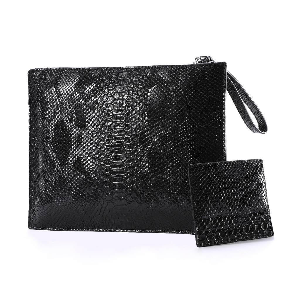 NIGEDU Women Clutches Fashion Snakeskin PU Leather Party Envelope Purse Bag with Hand Strap (Black)