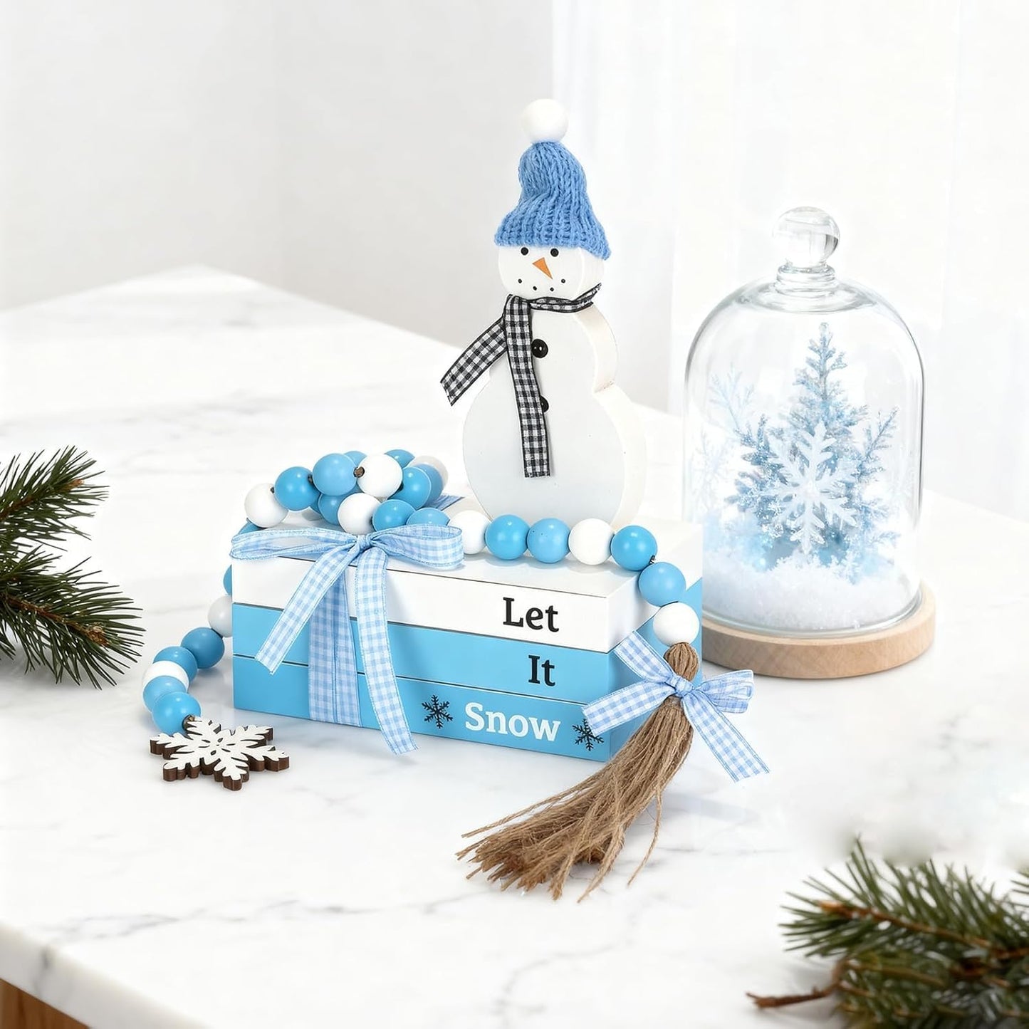 Winter Decorations 5 PCS Table Centerpiece Snowman Decor, Cute Tabletop Winter Decor for Tiered Tray Shelf Mantel Fireplace Coffee Bar Office Desk, New Year Decorations Faux Book Snowman Bead Garland