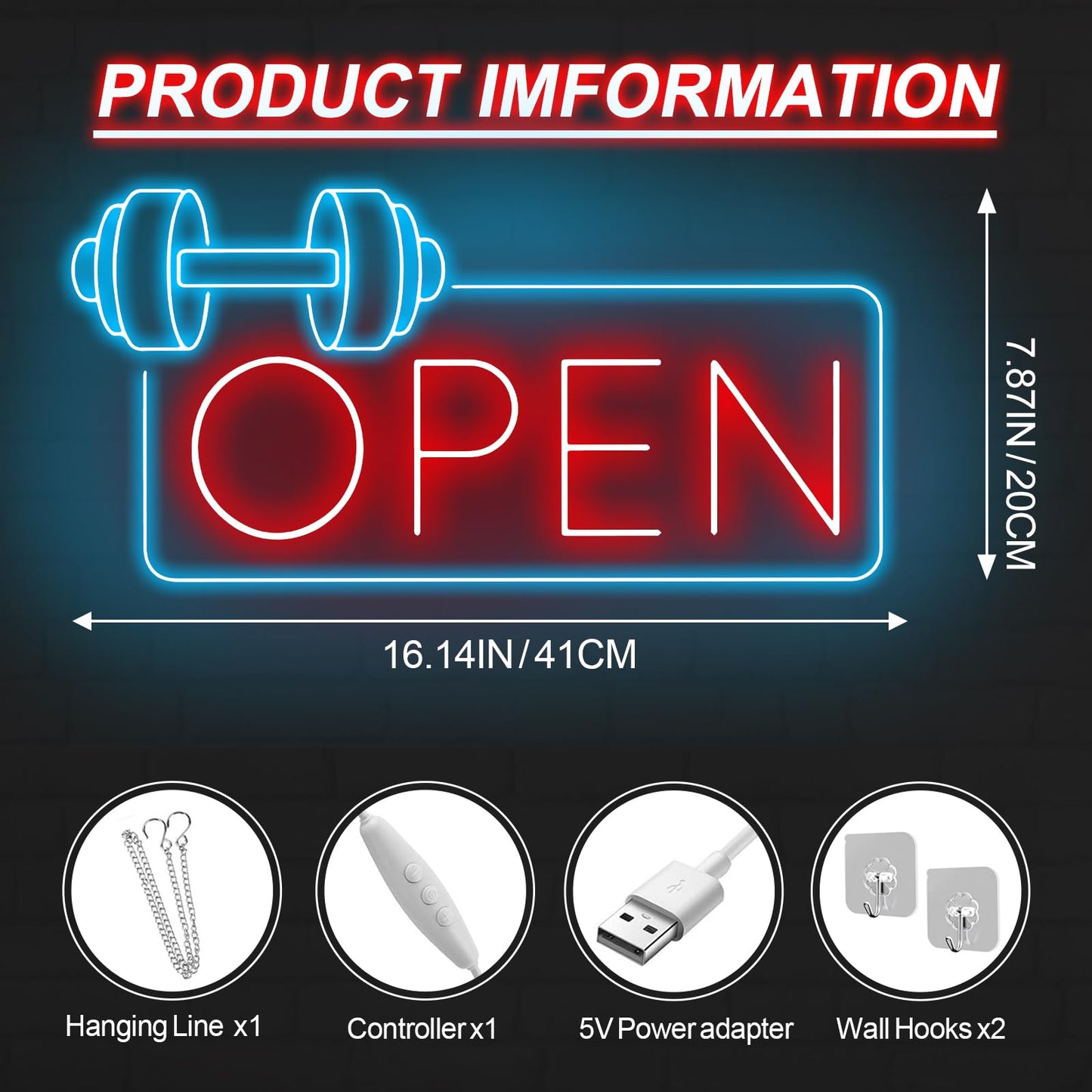 Gym Fitness Open Neon Sign, Dumbbell Open Led Sign, Weightlifting Led Light, Barbell Neon Light, Gym Open Wall Art Decor, House Wall Sign Decor for Business Window Open Signs, Fitness Club Decor