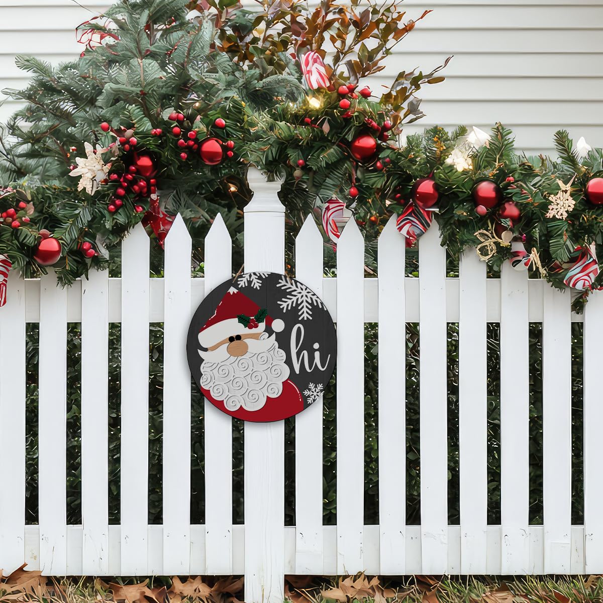 Snowflake Santa Merry Christmas Welcome Sign - Santa Christmas Door Hanger - Hello Winter Round Wooden Decor for Tree, Front Door, Porch, Wall, Party Decorations, 8X8 Inches -A20
