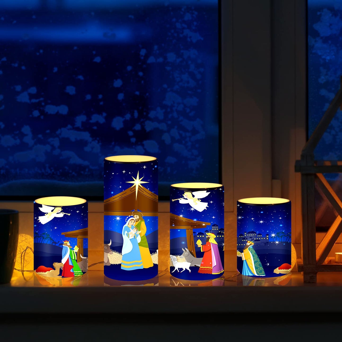 Tiamon Christmas Nativity Scene Candles LED Religious Theme Flameless Candles Battery Operated LED Warm Light Flickering Pillar for Xmas Holiday Table Decorations(Vivid)