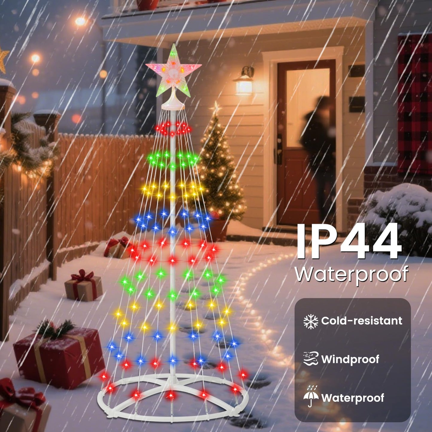 IDEAALS 4FT 118LED Outdoor Solar Christmas Cone Tree Lights, 8 Modes Timer Remote RGB Christmas Tree Lights with Star Topper for Xmas Yard Porch Patio Holiday Decor