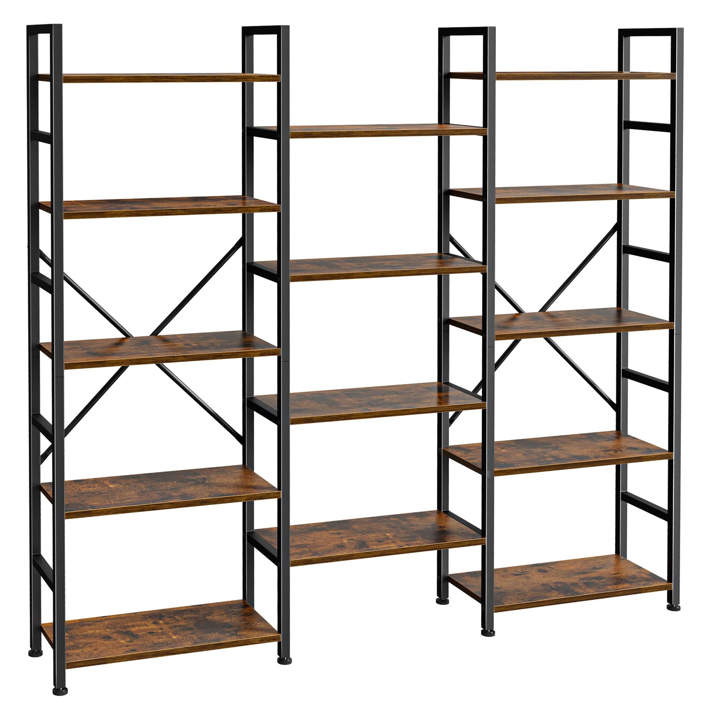 SUPERJARE Triple Bookshelf, Bookcase with 14 Open Display Shelves, Wide Book Shelf Book Case for Home & Office, 5 Tier, Brown