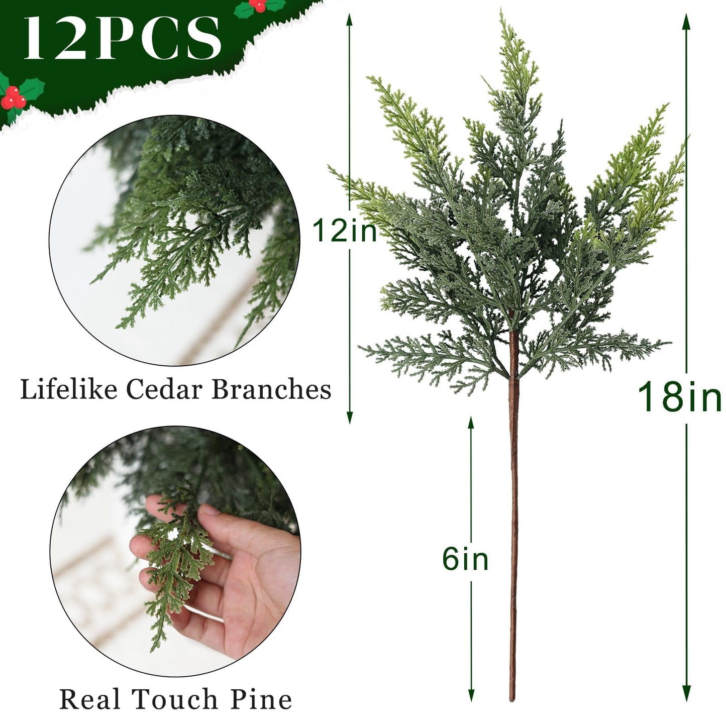 GLIDLION 18" Soft Textured Cedar Branches -12 Pcs, Artificial Christmas Cedar Branch Realistic Fake Pine Picks Faux Greenery Plants Stem for Vase DIY Crafts Garland Wreath Indoor Outdoor Home Decor